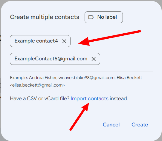 Create multiple contacts dialog containing example entries and an Import contacts link.
