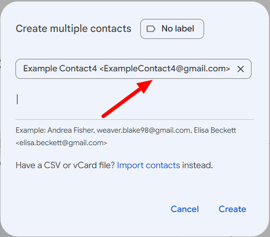 Create multiple contacts dialog with a combined contact name and email address.