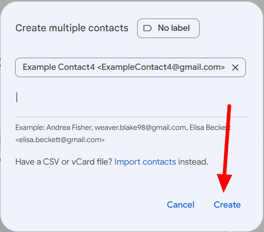 Create multiple contacts dialog with Create highlighted.