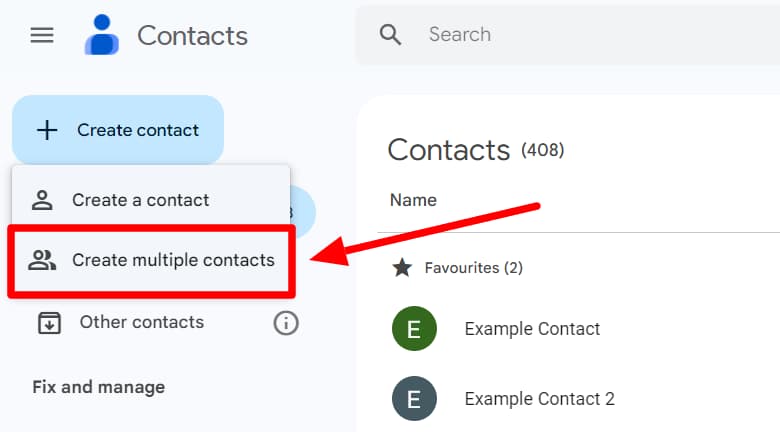 Google Contacts menu with Create multiple contacts highlighted.