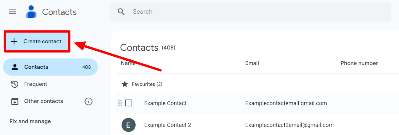 Google Contacts with Create contact highlighted.