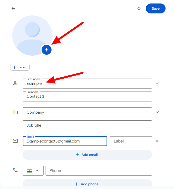 New contact form with name, email and profile-picture controls.