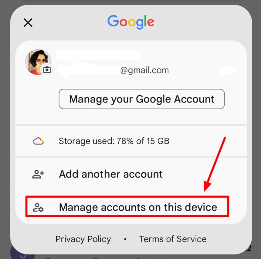 Gmail account menu with Manage accounts on this device highlighted.
