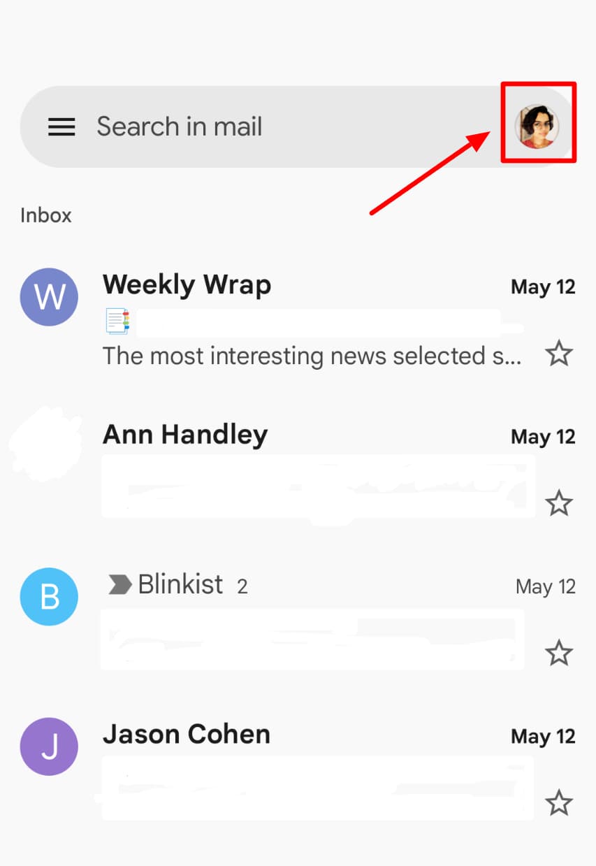 Gmail mobile inbox with the account profile picture highlighted.