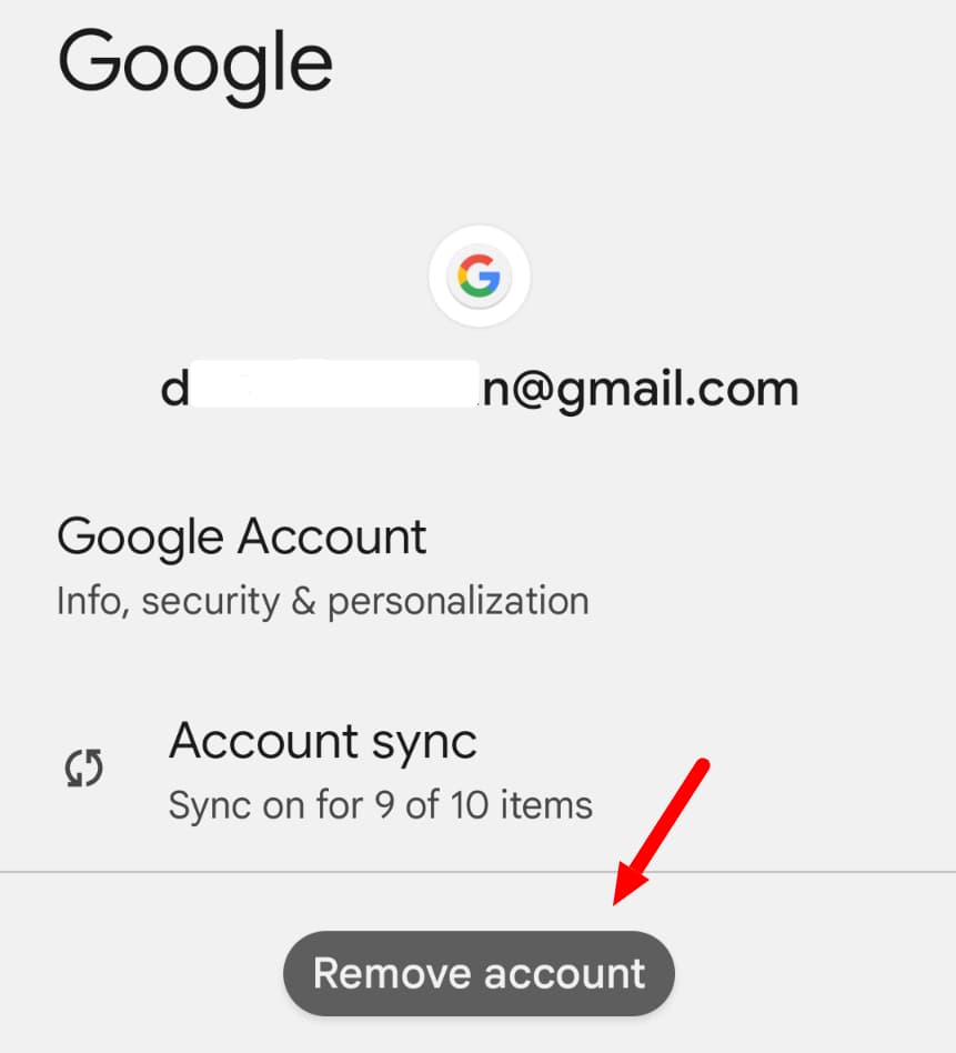 Google account settings with the Remove account button indicated.