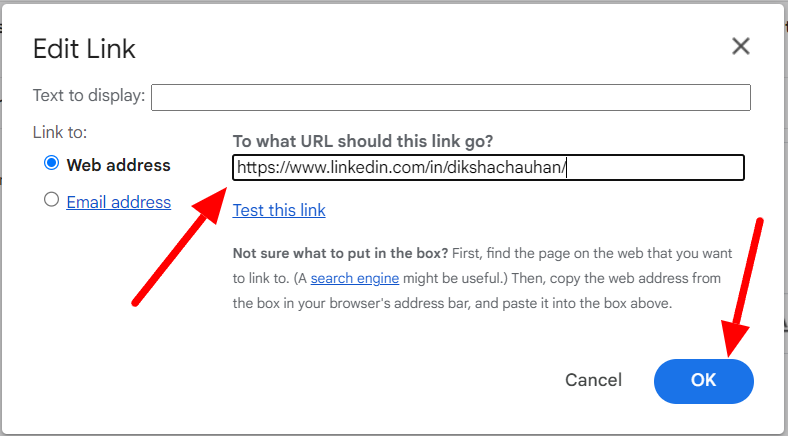 Edit Link dialog containing a LinkedIn profile URL and an OK button.