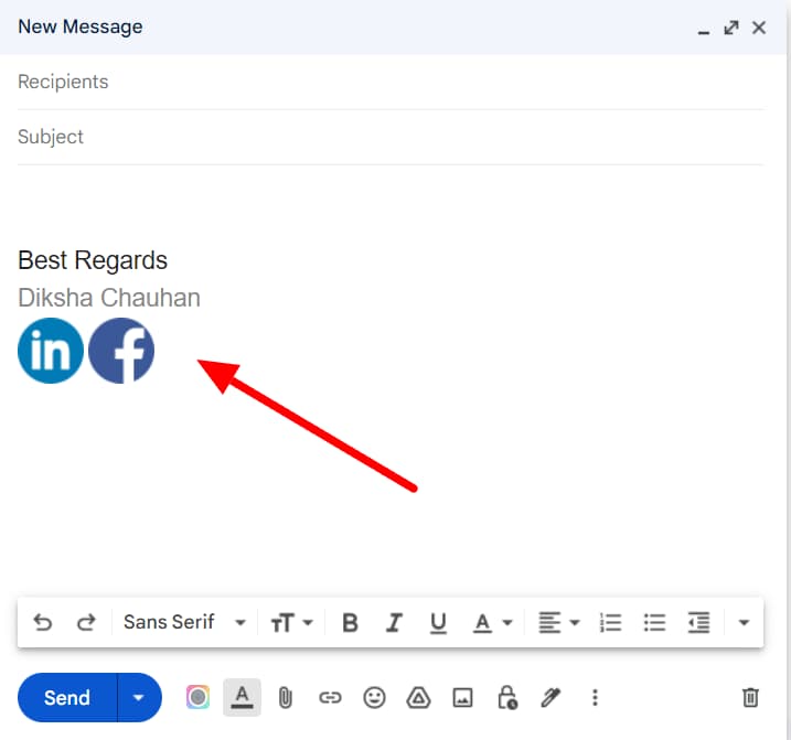 Gmail draft displaying a signature with LinkedIn and Facebook icons.