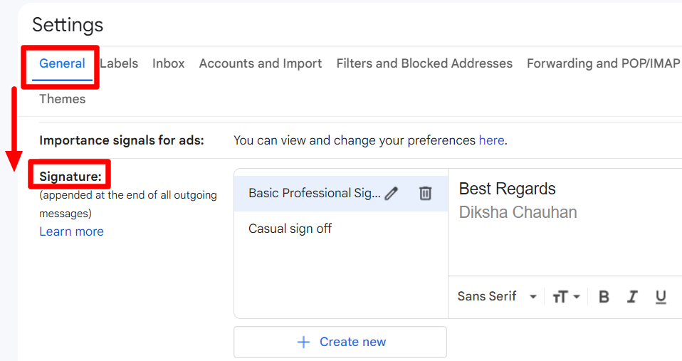 Gmail General settings scrolled to the Signature section.