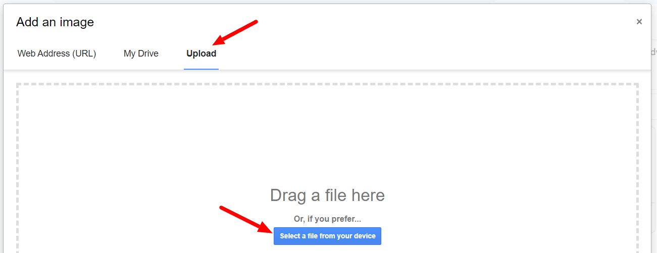 Image upload tab with Select a file from your device highlighted.