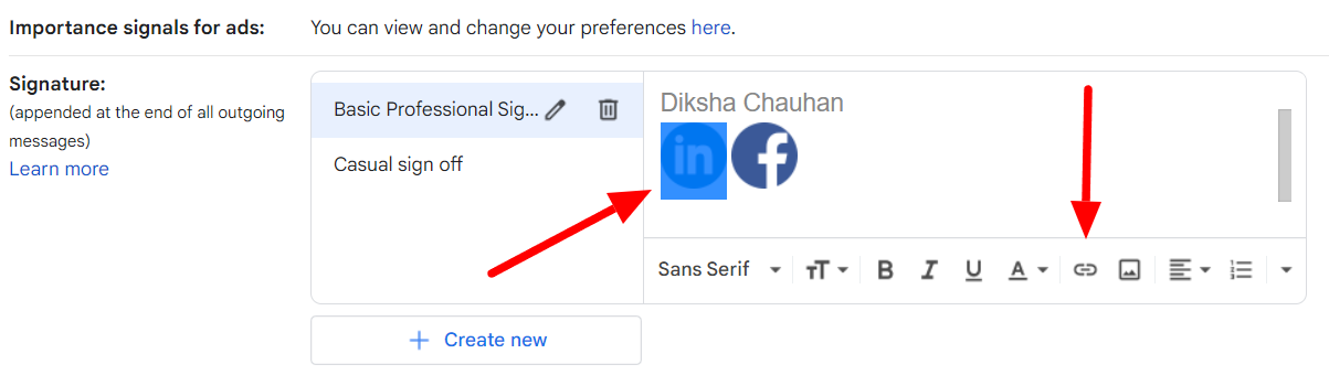LinkedIn signature icon selected and the link button highlighted.