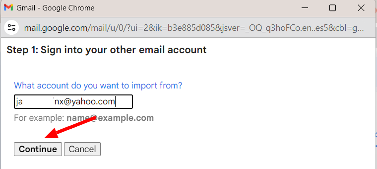 Gmail import dialog containing a Yahoo email address and a Continue button.