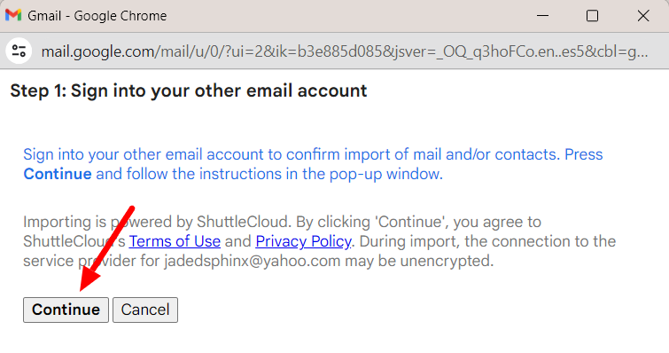 Gmail import prompt asking to sign in to the Yahoo account.
