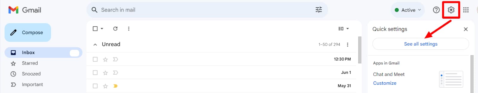 Gmail settings gear and See all settings highlighted.