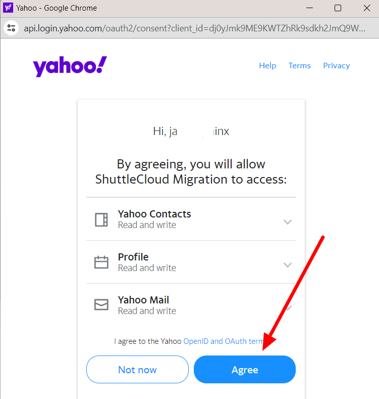 Yahoo permission screen for ShuttleCloud Migration with Agree highlighted.