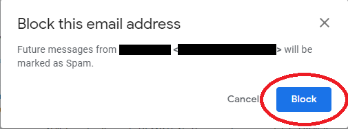 Block this email address confirmation with the Block button circled.