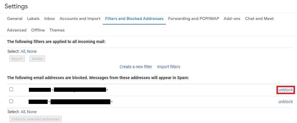 Gmail blocked-address list with an unblock link highlighted.
