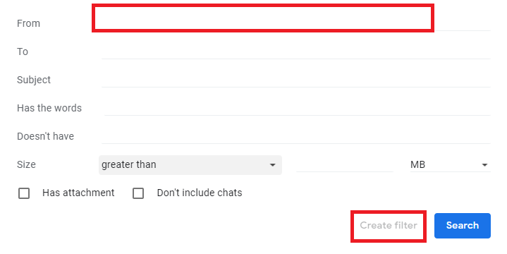 Gmail filter dialog with the From field and Create filter control highlighted.