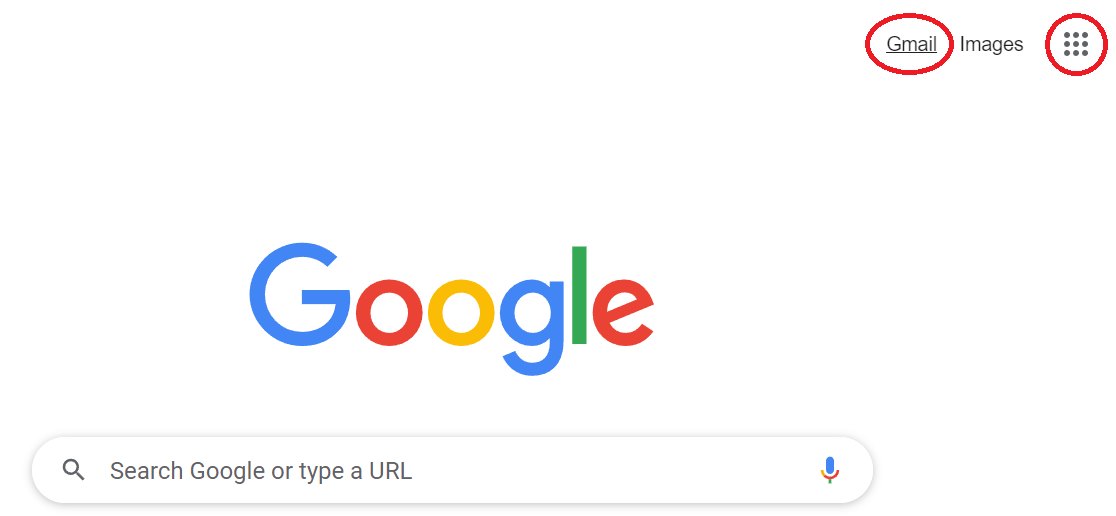 Google homepage with the Gmail link and apps menu circled.