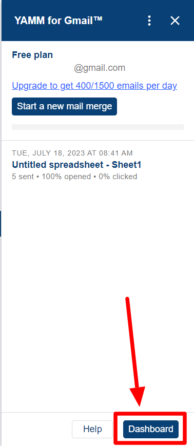 YAMM for Gmail sidebar with the Dashboard button highlighted.