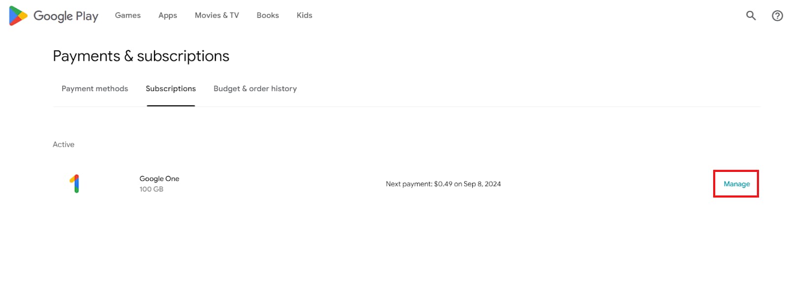 Google Play subscriptions page with Manage highlighted for Google One.