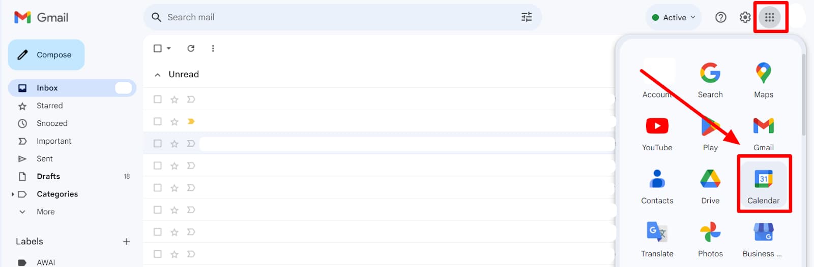 Gmail Google apps menu with Calendar highlighted.