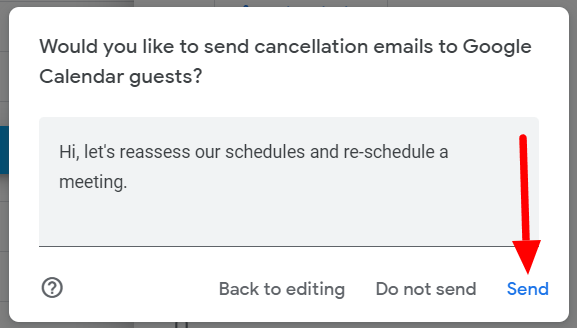 Google Calendar cancellation dialog with an optional message and Send button.