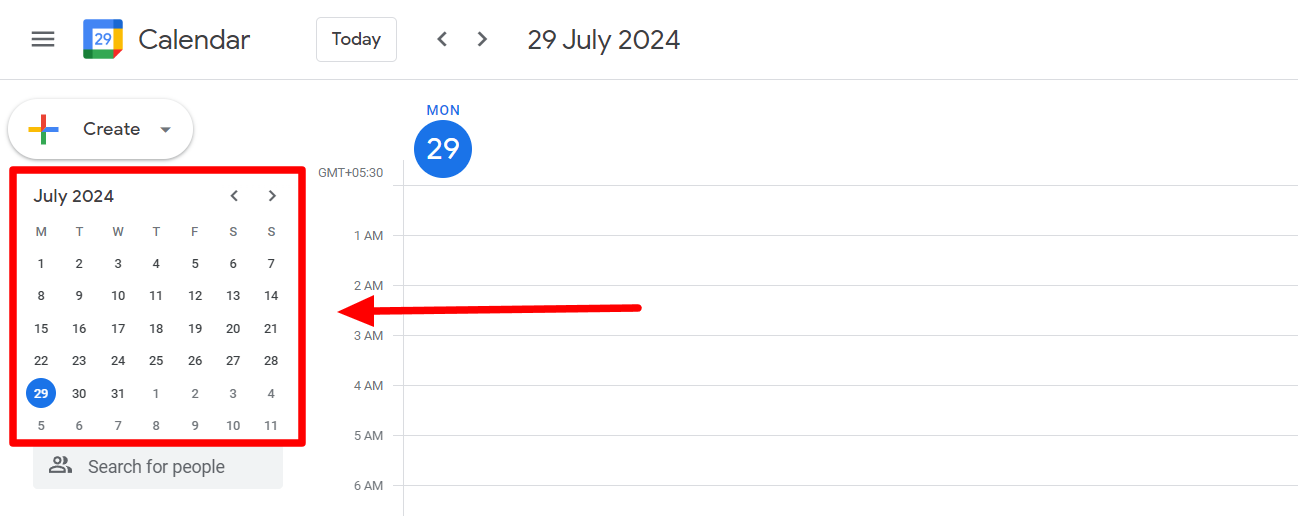 Google Calendar date picker highlighted in the sidebar.