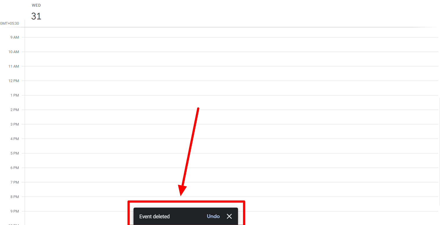 Google Calendar displays an Event deleted confirmation.