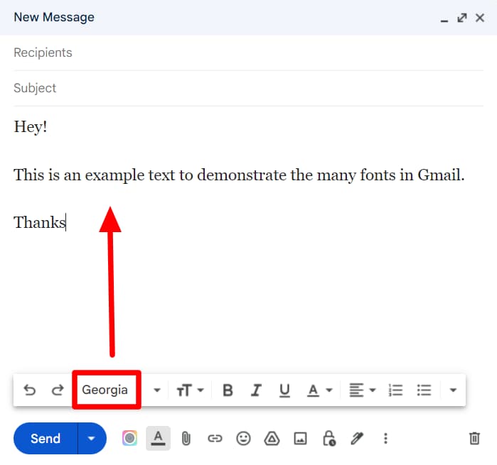 Gmail draft with Georgia selected as the message font.