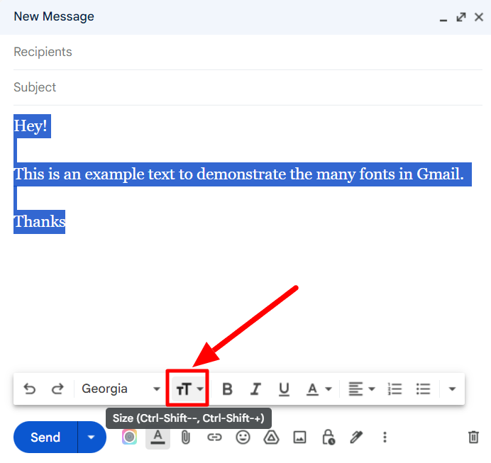 Gmail draft with selected text and the text-size control highlighted.