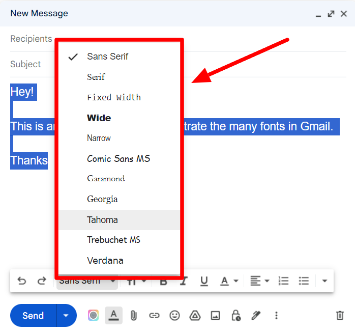 Gmail font menu listing options including Sans Serif, Serif, Fixed Width, and Georgia.