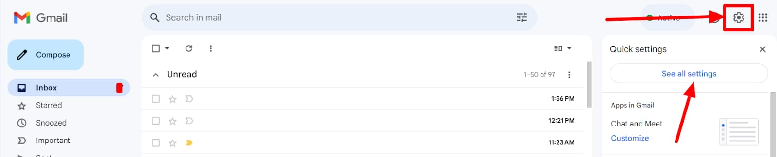 Gmail settings gear and See all settings button highlighted.