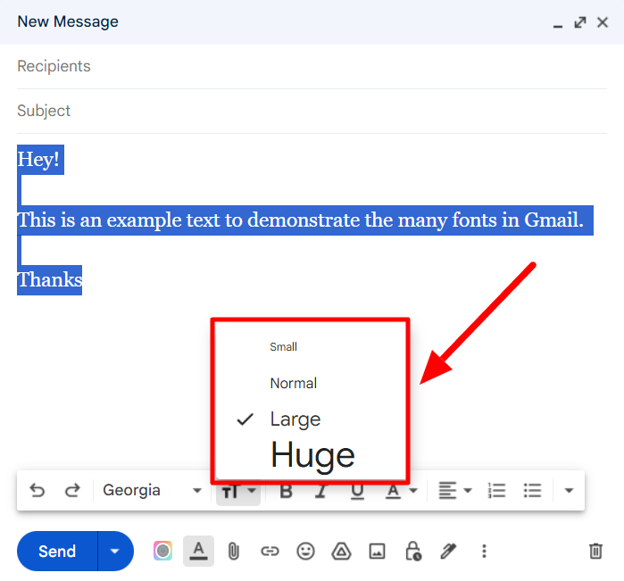 Gmail text-size menu with Small, Normal, Large, and Huge options.