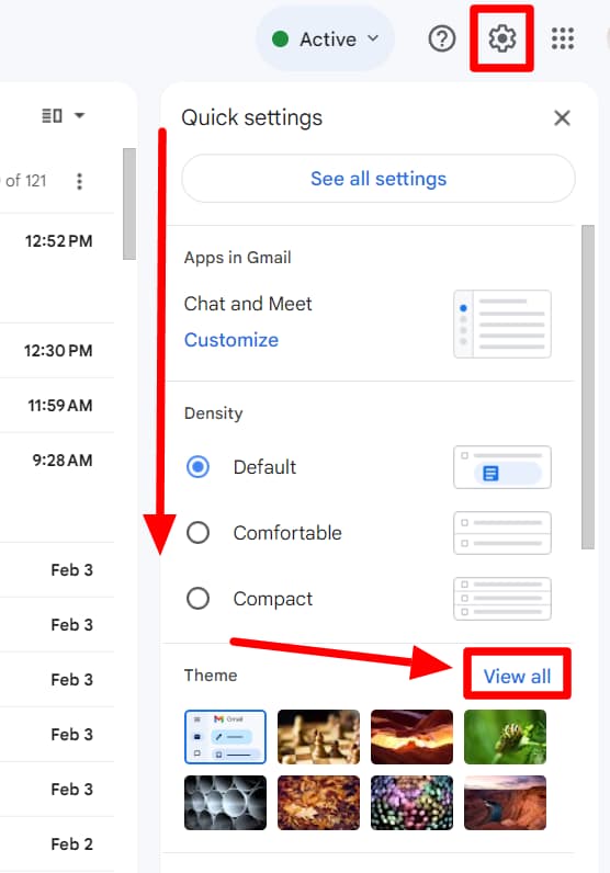 Gmail Quick settings with Theme and View all highlighted.