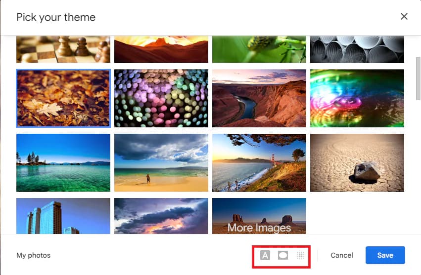 Gmail theme picker with text-background, vignette and blur controls highlighted.