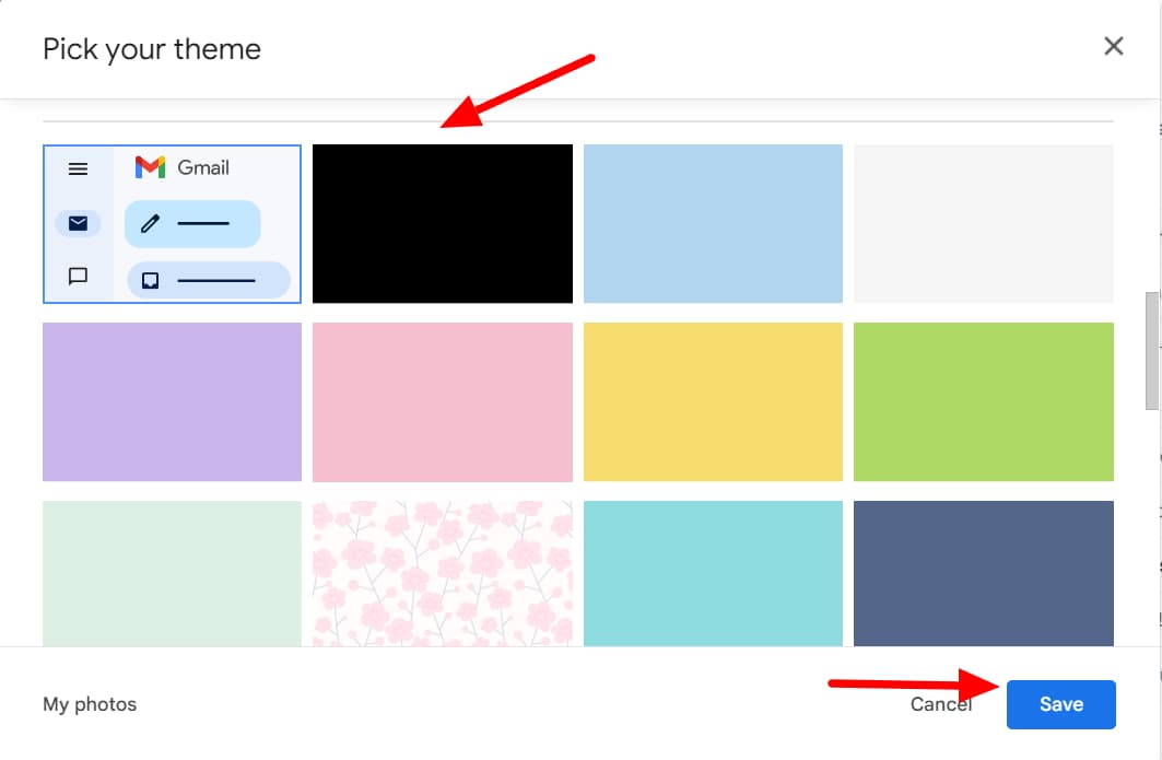 Gmail theme picker with the black theme and Save button highlighted.