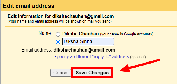 Edit email address dialog with Save Changes highlighted.