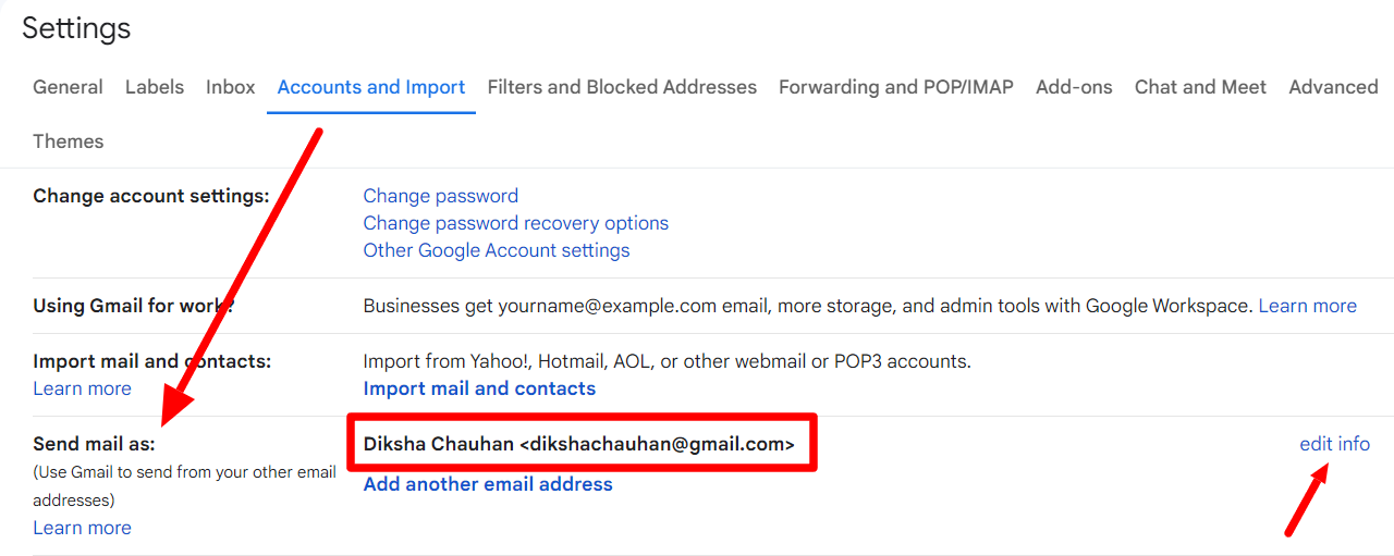 Gmail Accounts and Import settings with the Send mail as identity and edit info link indicated.