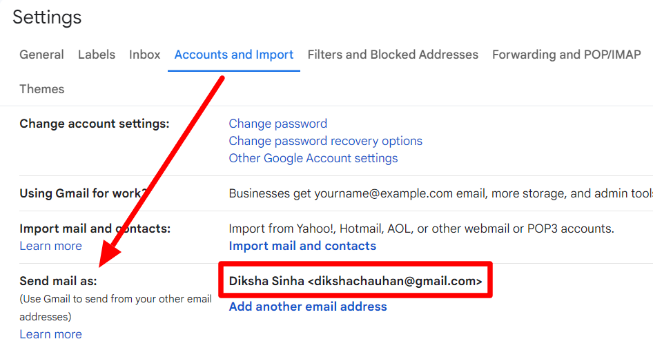 Gmail Send mail as setting displaying the updated sender name.