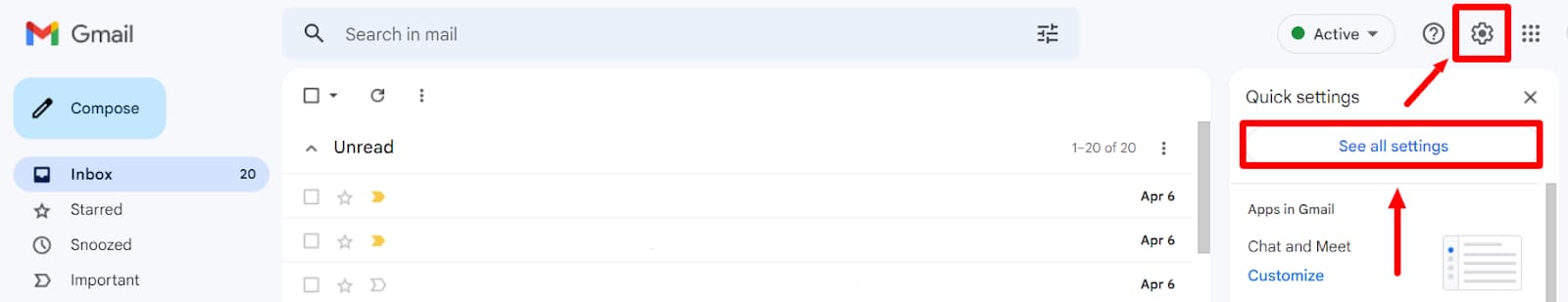 Gmail settings gear and See all settings button highlighted.