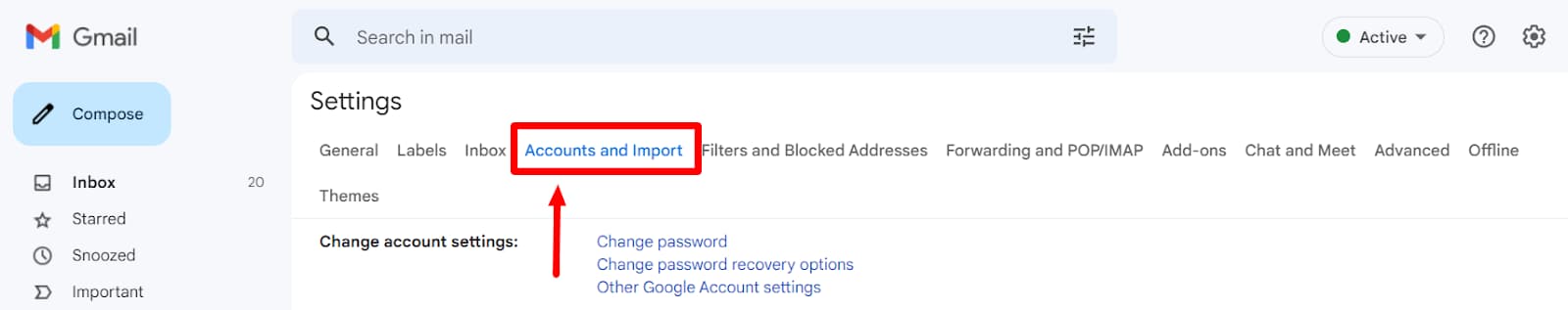 Gmail Settings with Accounts and Import highlighted.