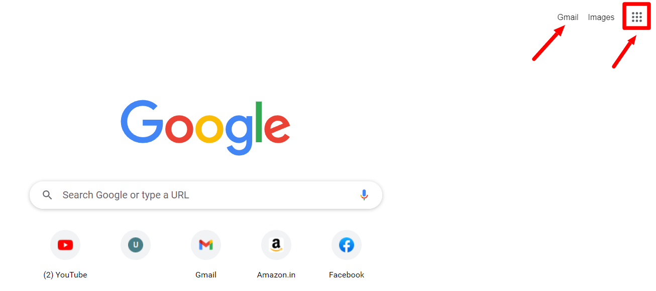 Google homepage with the Gmail link and Google apps launcher indicated.