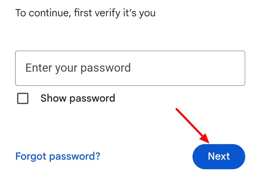 Google's mobile identity-verification form asks for the current password.