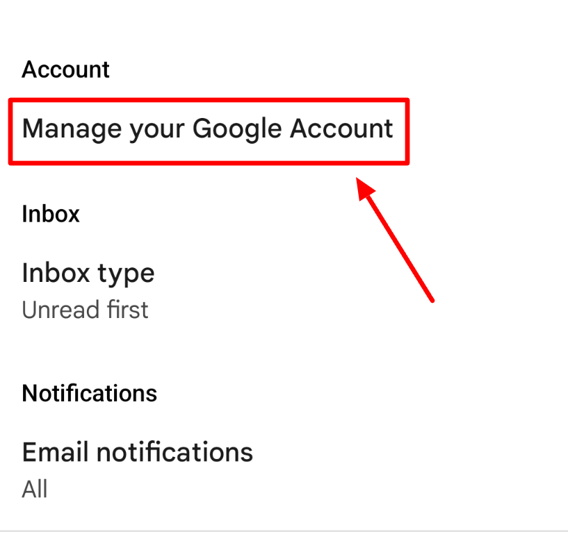 Manage your Google Account is highlighted in Gmail's account settings.
