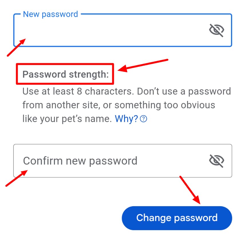The mobile password-change form highlights the new password, confirmation, and Change password button.