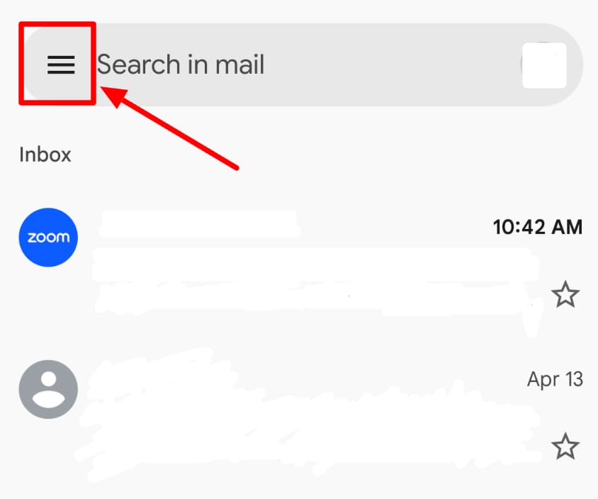 The navigation menu icon in Gmail's mobile app is highlighted.