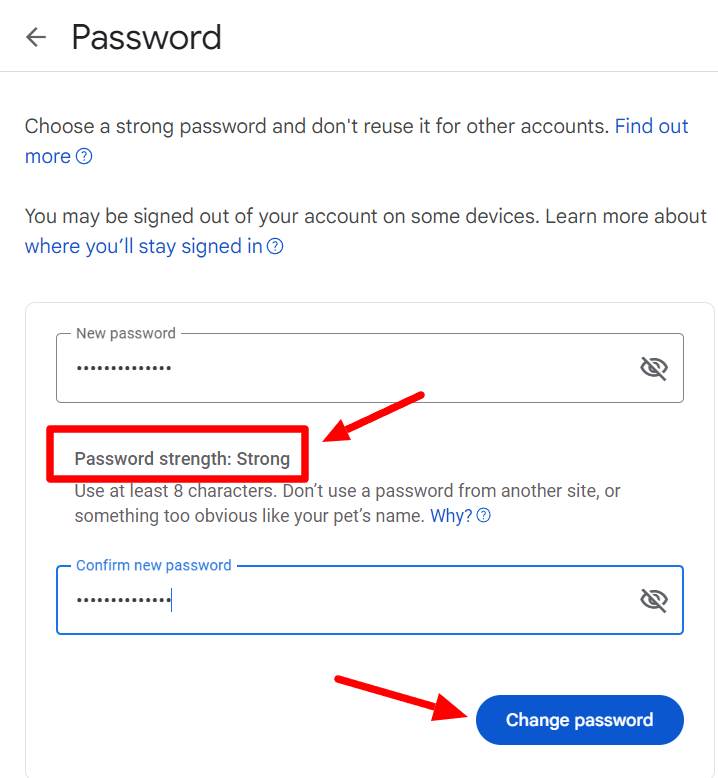 The password-change form shows Strong password strength and a Change password button.