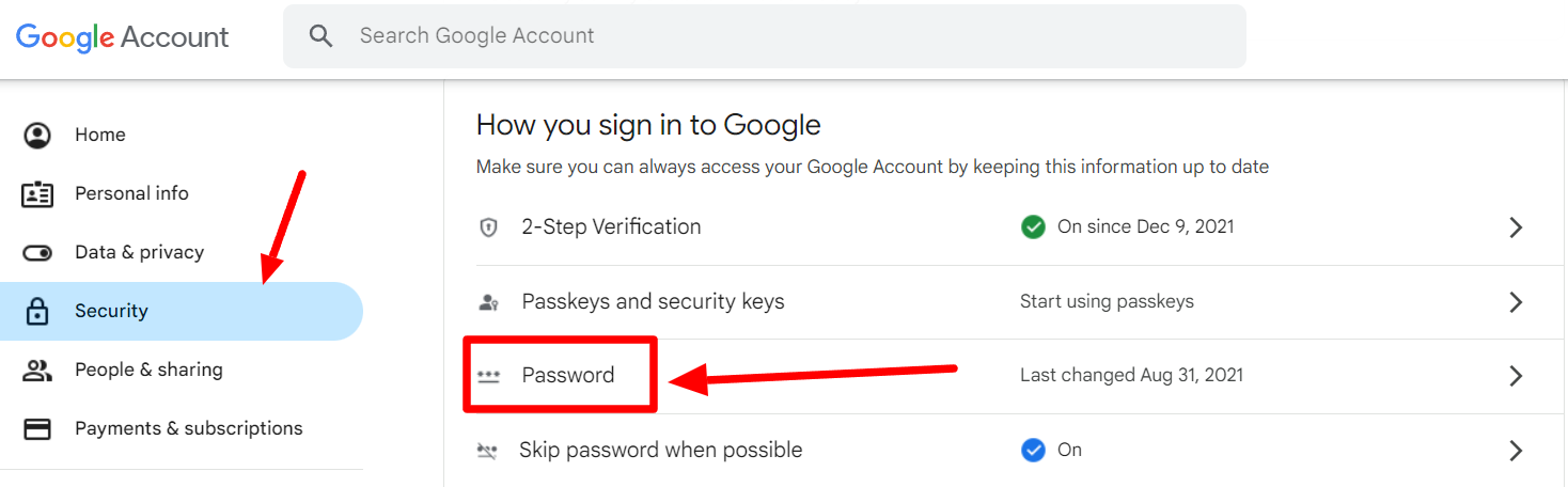 The Password option under How you sign in to Google is highlighted.