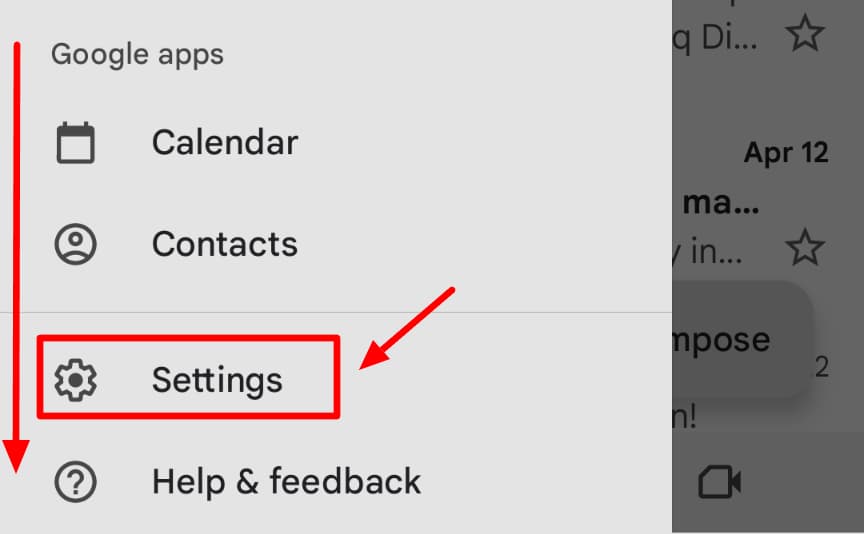 The Settings option near the bottom of Gmail's mobile navigation is highlighted.