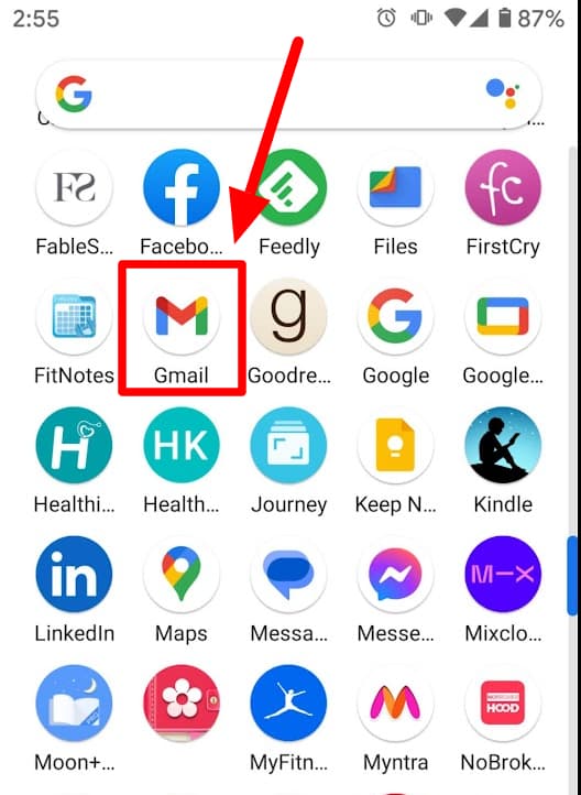 Android app grid with the Gmail app icon highlighted.